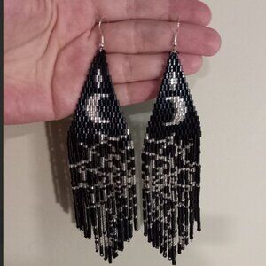 Midnight Moon & Spiderweb Beaded Earrings – Silver 925 Hooks
